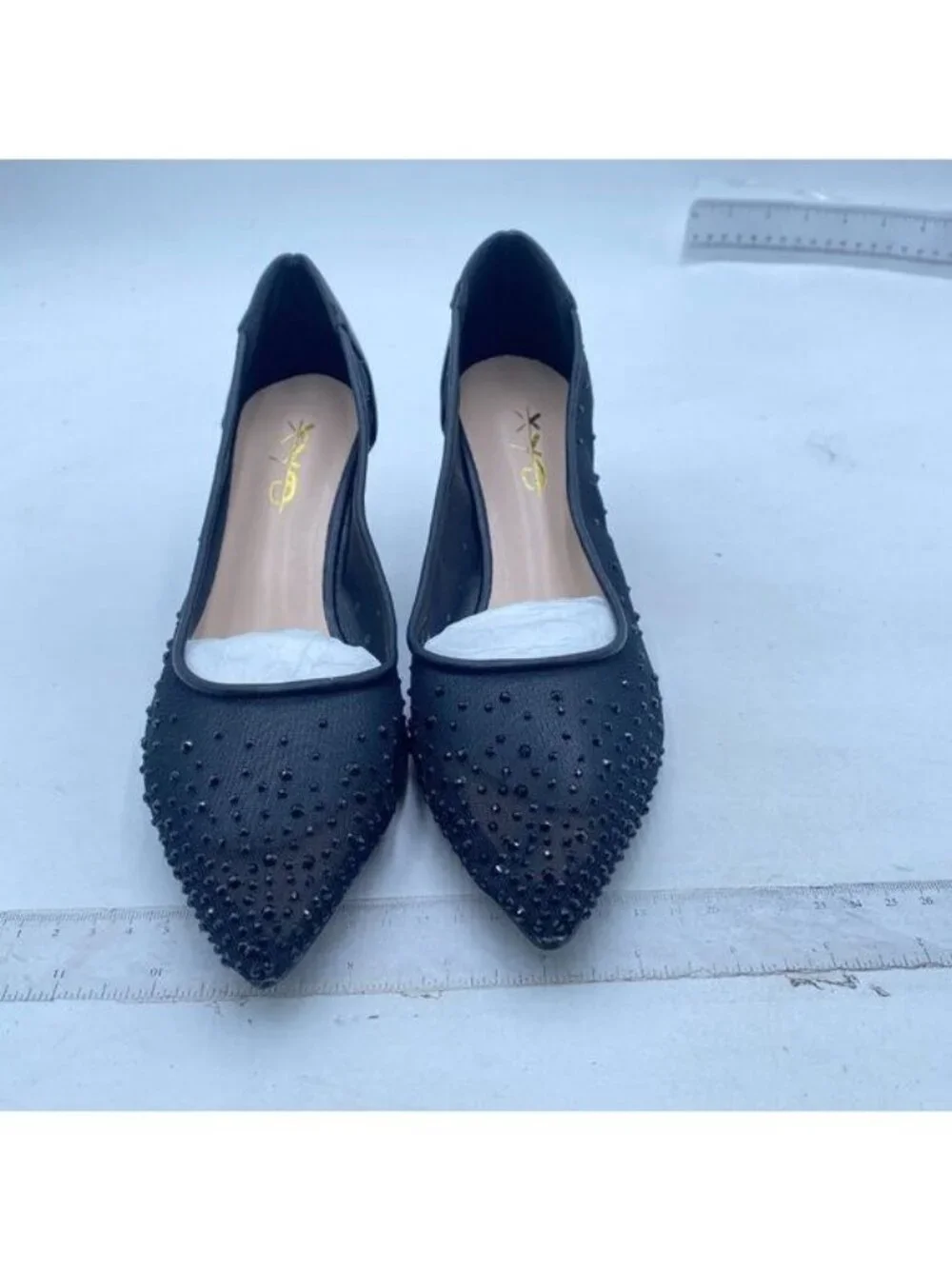 XYD Women's Pointed Closed Toe Slip On Graceful Mesh Pumps with Rhinestone Studs